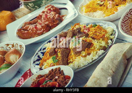 Uisine Afghani, l'Asie centrale, des plats traditionnels assortiment vue d'en haut. Banque D'Images