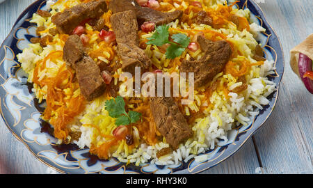 Pulao afghan, Afghani, uisine traditionnelle de l'Asie centrale un assortiment de plats, vue d'en haut. Banque D'Images