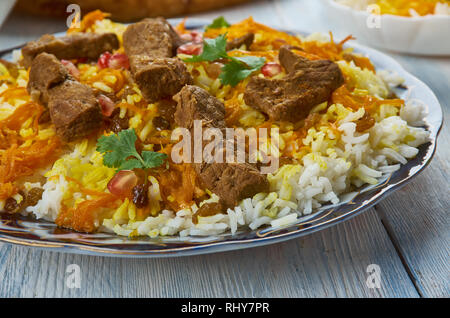 Pulao afghan, Afghani, uisine traditionnelle de l'Asie centrale un assortiment de plats, vue d'en haut. Banque D'Images