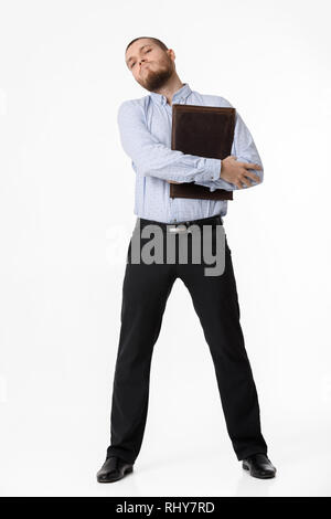 Businessman holding barbus en cuir sur fond blanc Banque D'Images