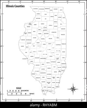 Aperçu de l'état d'Illinois et politiques administratives carte vectorielle en noir et blanc Illustration de Vecteur