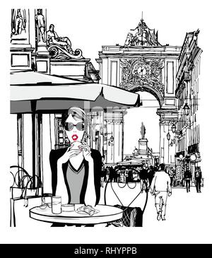 Femme ayant le petit déjeuner dans la rue de Lisbonne - vector illustration Illustration de Vecteur