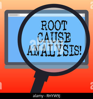 Texte de l'écriture l'écriture l'analyse des causes. Concept de la résolution de problèmes méthode de signification utilisé pour l'identification des causes Loupe agrandissant Tablet Banque D'Images