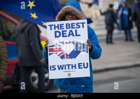 Londres, Royaume-Uni - janvier 30th 2018 : homme vêtu d'un manteau d'hiver bleu debout avec l'enseigne « The Best Deal is with eu » Banque D'Images