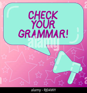 Texte de l'écriture l'écriture vérifier votre grammaire. Correction de l'orthographe contextuelle sens Concept correction de ponctuation et photo mégaphone Blank Rectang Banque D'Images