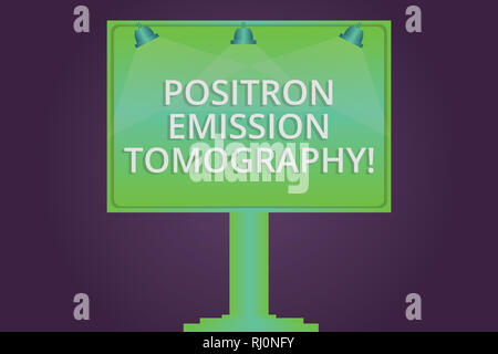 Écrit remarque montrant la tomographie par émission de positrons. Photo d'affaires mettant en valeur la médecine nucléaire technique d'imagerie fonctionnelle lampe vierge couleur lumineux tr Banque D'Images