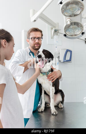 Fille et le docteur à la recherche au chien sur le tableau en clinique Banque D'Images