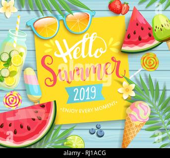 Hello summer 2019 carte jaune ou la bannière. Illustration de Vecteur