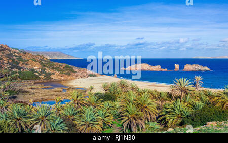 Paysage pittoresque de palmiers, eau turquoise et plage tropicale, Vai, Crète, Grèce. Banque D'Images