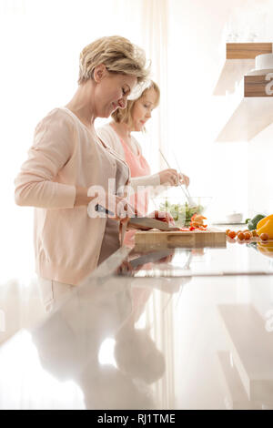 Les femmes mûres préparation repas au comptoir dans la cuisine Banque D'Images