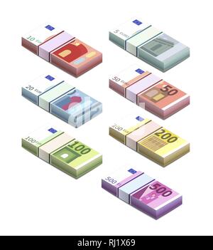 Grand ensemble de différents billets en euros en piles en vue isométrique. Cinq, dix, vingt, cinquante, cent, deux des centaines et des centaines de cinq notes est pile Illustration de Vecteur