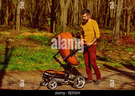 Père avec la pram sur marche. Père pousser poussette de bébé en automne parc. C'est ce qu'un super papa ressemble à Banque D'Images