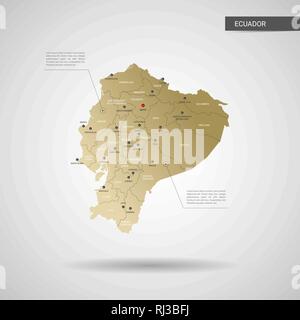 Vecteur stylisé Equateur carte. L'infographie 3d gold site illustration avec les villes, les frontières, les capitaux, les divisions administratives et de l'aiguille, les marques de l'ombre ; Illustration de Vecteur