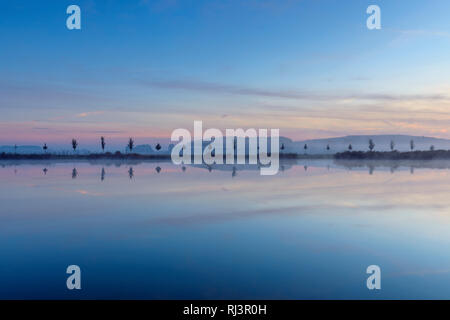 Paysage avec rangée d'arbres se reflétant dans le lac à l'aube, Drei Gleichen, Ilm, Thuringe, Allemagne Banque D'Images