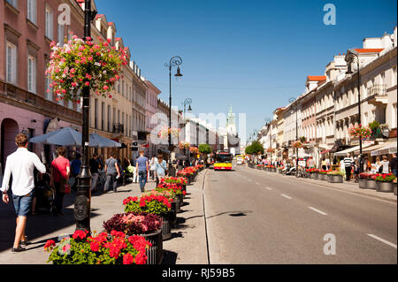 Géranium rouge fleurs plantées le long street, les gens marcher sur trottoir à Nowy Swiat à Varsovie, Pologne, l'été, Banque D'Images