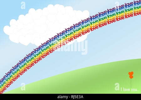 Une simple illustration pour la Saint-Valentin avec la terre ciel nuages coeur arc-en-ciel de mots d'amour et de deux coeurs fleurs Banque D'Images