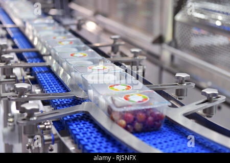 Produits alimentaires de ticket de transfert sur les systèmes de convoyage automatisés pour l'automatisation industrielle Banque D'Images