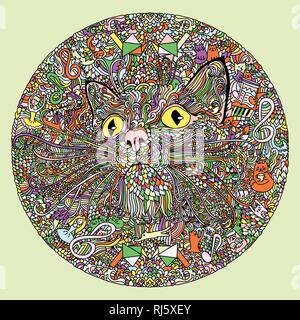 Mandala rond motif coloré avec les chats. Illustration de Vecteur