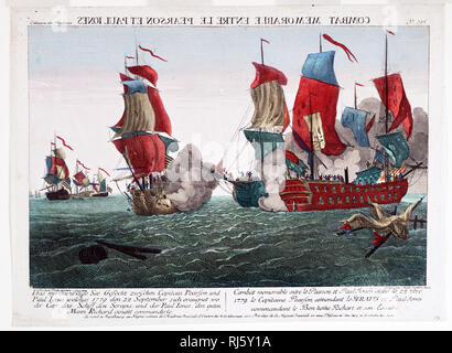 Vue d'optique montrant bataille navale pendant la guerre révolutionnaire entre John Paul Jones du Bonhomme Richard et le Capitaine Richard Pearson du navire de la marine britannique Sérapis, 22 Septembre, 1779. Banque D'Images