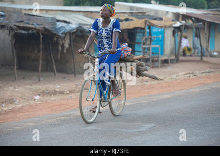 Village de Diarabakoko, Banfora, région des Cascades, Burkina Faso, 5 décembre 2016; femme transportant du bois de chauffage sur son vélo. Banque D'Images