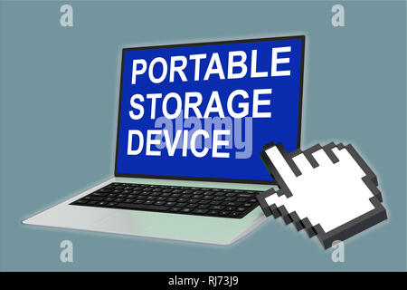 3D illustration de périphérique de stockage portable script avec l'icône de flèche pointant sur l'écran de l'ordinateur portable Banque D'Images