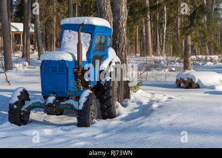 Tracteur couverte de neige dans les bois près du village. Forêt de pins le long d'une journée d'hiver. Banque D'Images