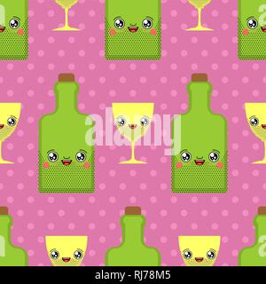 L'alcool et de verre transparente motif kawaii Cute cartoon. Drôle de fond de bouteille. Boisson sucrée texture vecteur Illustration de Vecteur