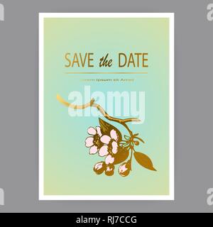Modèle de carte d'invitation de mariage botanique design, dessinés à la main, sakura les fleurs et les feuilles sur les branches, de couleur or vert pastel minimaliste, l'arrière-plan vi Illustration de Vecteur