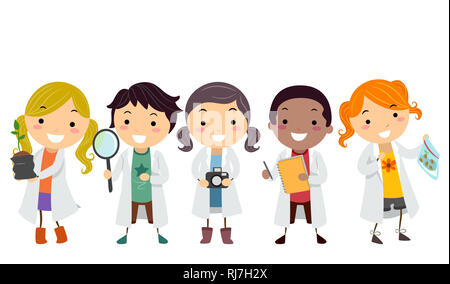 Illustration de Stickman Mini Scientist Wearing White Blouse de laboratoire et la tenue d'une plantule, loupe, appareil photo, Notes et graines Banque D'Images