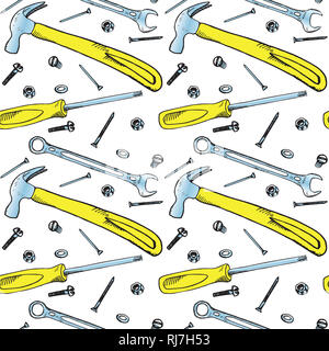 Yellow marteau, tournevis, clé dynamométrique avec boulon, écrou, rondelle, clou et vis, seamless pattern design, hand drawn doodle, sketch dans un style pop art Banque D'Images