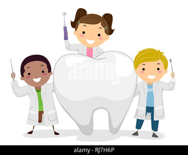 Illustration de Stickman Kid Dentistes portant robe blanche, debout avec une dent blanche et Holding Toothbrush Banque D'Images