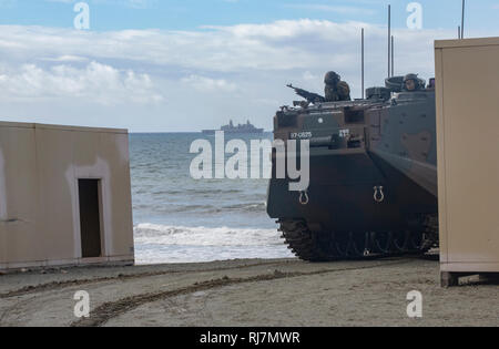 Le Japon d'Autodéfense de masse (JGSDF) soldats avec le 1er Régiment de déploiement rapide amphibie, déplacer les véhicules amphibies d'assaut par les opérations urbaines au cours d'un exercice de débarquement amphibies pour Iron Fist, le 4 février 2019, le U.S. Marine Corps Base Camp Pendleton, CA. Poing de fer de l'exercice annuel est un exercice d'entraînement multilatéral, où les membres des services américains et japonais s'entraînent ensemble et partager des techniques, tactiques et procédures pour améliorer leurs capacités opérationnelles. (U.S. Marine Corps photo par le Cpl. Cutler Brice) Banque D'Images