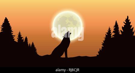 Le loup hurle à la pleine lune en forêt orange sky vector illustration EPS10 Illustration de Vecteur