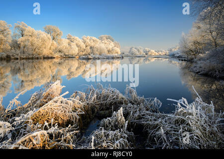 Deutschland, Hessen, bei Bad Wildungen, Fluss Eder, hiver, Landschaft mit Raureif bedeckt, Spiegelung Banque D'Images