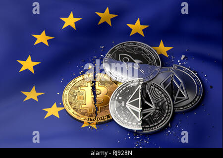 Pile de pièces brisées ou fissurées cryptocurrency sur United Europe drapeau. Situation de l'Europe unie en Cryptocurrencies concept. Le Rendu 3D Banque D'Images