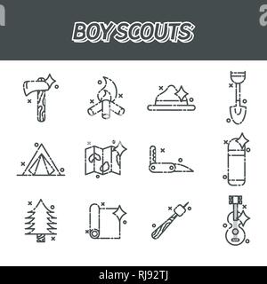 Concept des boy scouts d'icônes. Exploration aventure Travel Concept Illustration de Vecteur