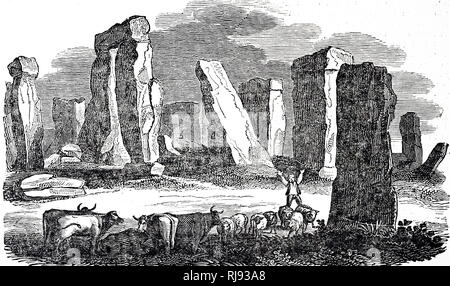 Une gravure représentant Stonehenge, un monument préhistorique dans le Wiltshire, Angleterre. En date du 19e siècle Banque D'Images