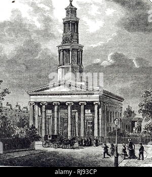 Une gravure représentant la "nouvelle" église St Pancras, Londres, consacrée par l'évêque de Londres en avril 1822. Conçu par William Inwood, l'édifice sur le modèle du Temple d'Erecthens, Athènes, le clocher de la Tour des Vents. Cariatides est en arrière-plan (à droite). La première église en Angleterre construit dans un style grec. En date du 19e siècle Banque D'Images