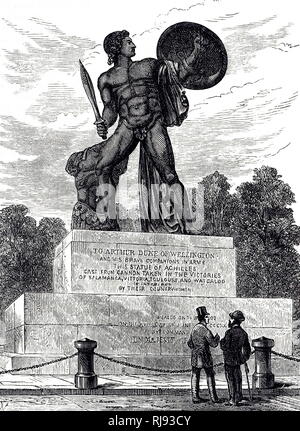 Une gravure représentant la Statue d'Achille, Hyde Park, sculptée par Richard Westmacott, 1822. La statue a été un hommage à Wellington et à ses hommes des femmes de l'Angleterre. Richard Westmacott (1775-1856), un sculpteur britannique. En date du 19e siècle Banque D'Images