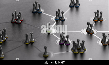 3d illustration d'un réseau social avec des gens connectés ensemble sur fond noir. Design moderne. Banque D'Images