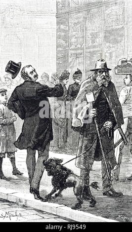 Une gravure représentant un homme aveugle marchant dans une rue de Paris comme son chien mord la jambe d'un homme qui marchait devant eux. En date du 19e siècle Banque D'Images