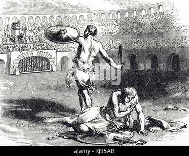 Une gravure représentant des combats de gladiateurs au Colisée, dans la Rome antique. En date du 19e siècle Banque D'Images