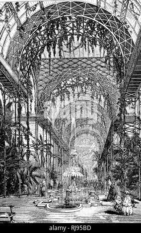 Une gravure représentant l'intérieur du Crystal Palace montrant le squelette en fonte. En date du 19e siècle Banque D'Images