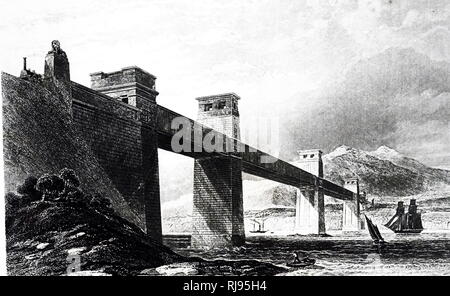 Une gravure représentant le pont tubulaire Britannia à travers le détroit de Menai. Conçu par Robert Stephenson (1803-1859) un chemin de fer anglais et ingénieur civil. En date du 19e siècle Banque D'Images