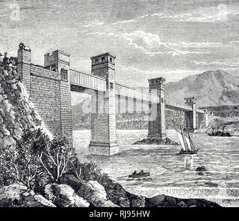 Une gravure représentant le pont tubulaire Britannia à travers le détroit de Menai. Conçu par Robert Stephenson (1803-1859) un chemin de fer anglais et ingénieur civil. En date du 19e siècle Banque D'Images