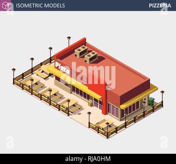 Restauration rapide isométrique vectoriel ou pizzerias Vente immeuble avec panneau. Illustration de Vecteur
