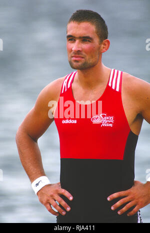 Atlanta, États-Unis d'Amérique. La Suisse Skiff Hommes Médailles, SUI Médaillé d'or M1X Xeno Mueller, 1996 Régate olympique, Lake Lanier, Gainsville. La Géorgie. [Crédit obligatoire : Peter Spurrier : Intersport Images] Banque D'Images