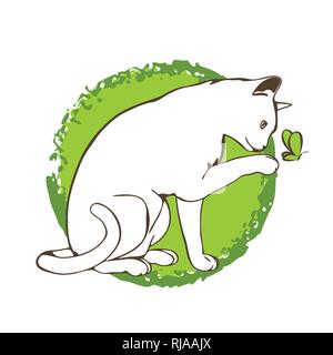 Blanc mignon chat jouant avec un papillon, vector illustration Illustration de Vecteur