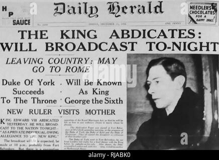 Gros titre de journal dans la presse britannique au cours de la crise 1936 Abdication. Cette crise constitutionnelle dans l'Empire britannique a surgi quand King-Emperor Édouard VIII a proposé d'épouser Wallis Simpson, une Américaine socialite qui était divorcé de son premier mari et poursuit le divorce de son second. Banque D'Images