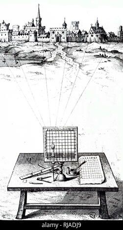 Une gravure sur bois représentant une perspective cadre avec une grille et afficheur combiné avec papier quadrillé pour dessiner une scène lointain en perspective. En date du 17e siècle Banque D'Images